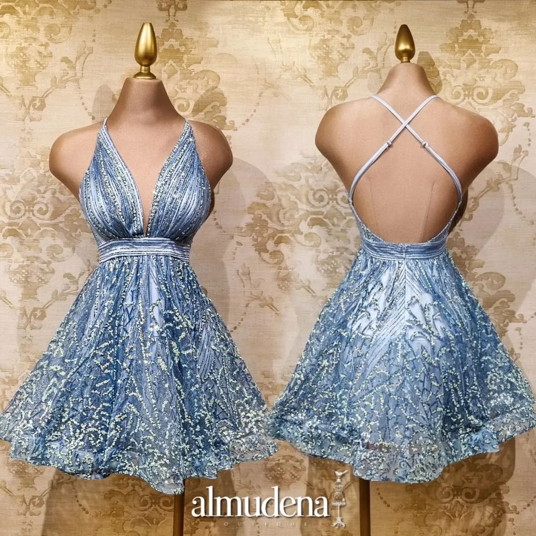 Vestido Azul Cielo Corto Brillante Elegante