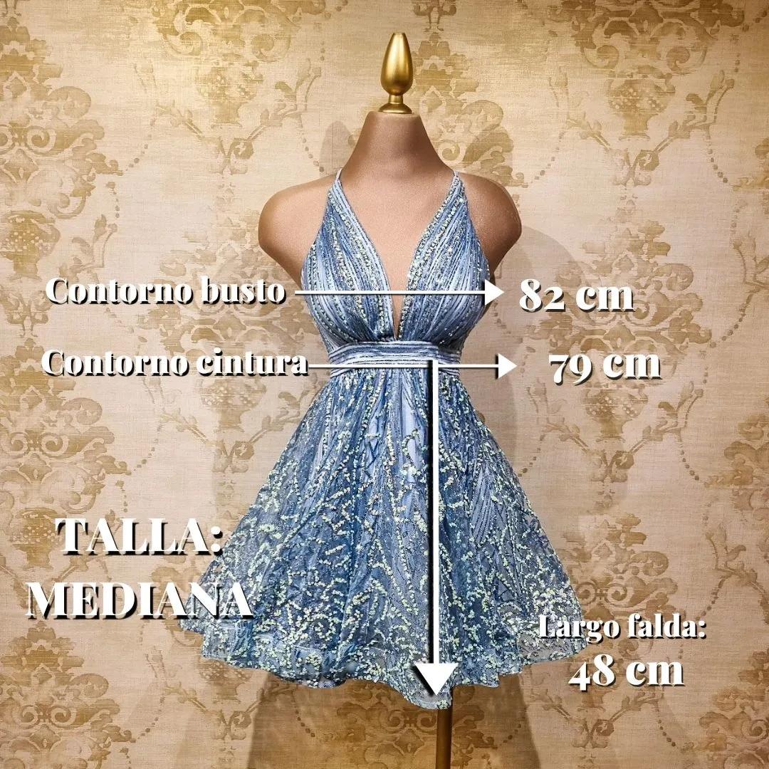 Vestido Azul Cielo Corto Brillante Elegante