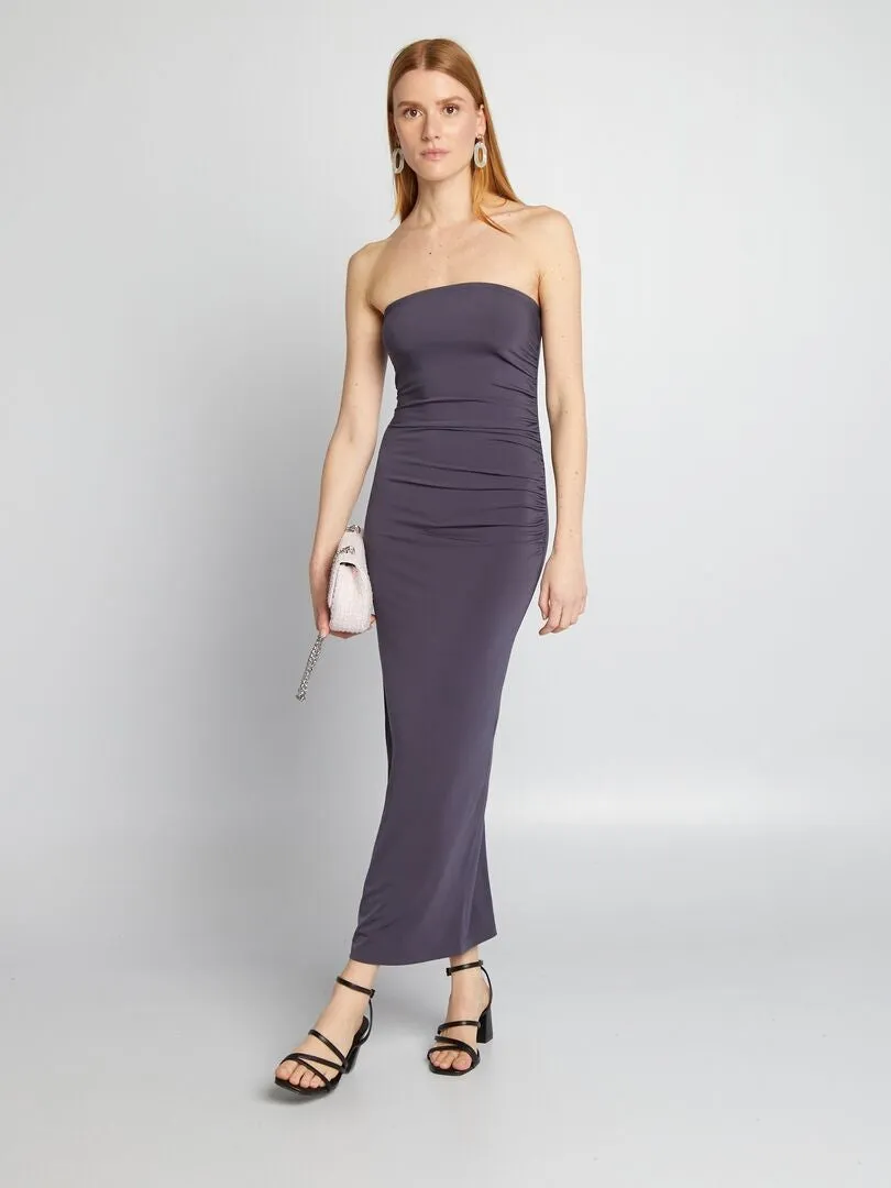 VESTIDO BUSTIER LARGO CON ABERTURA TRASERA  GRIS
