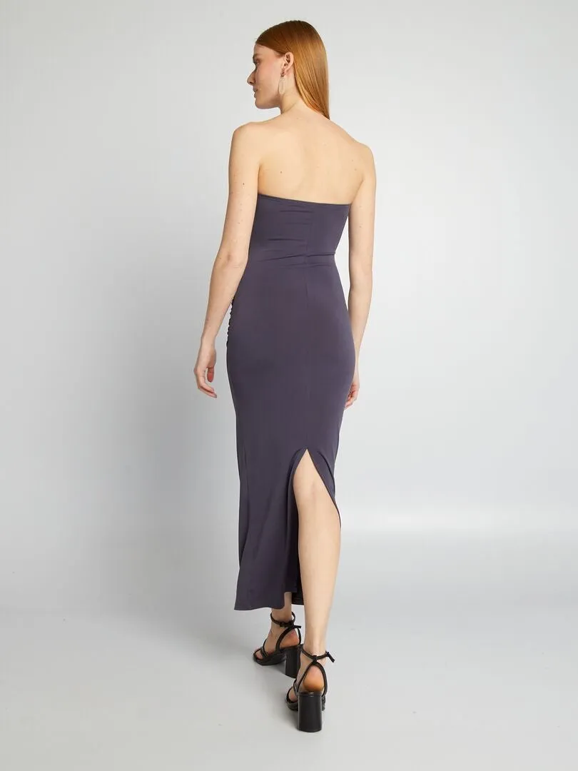 VESTIDO BUSTIER LARGO CON ABERTURA TRASERA  GRIS