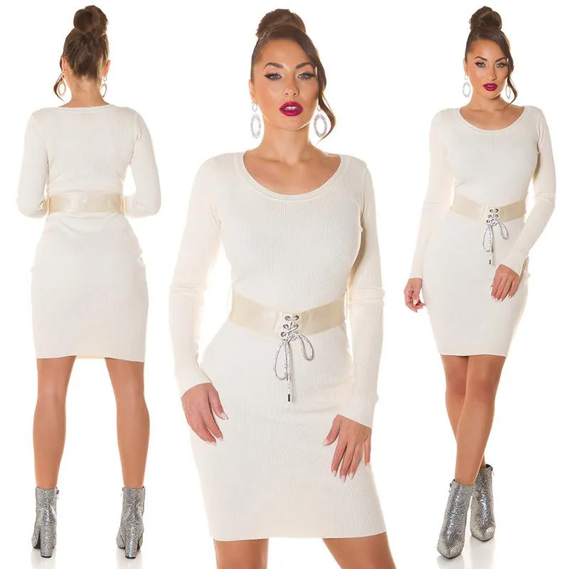 Vestido con cinturón beige moda de punto