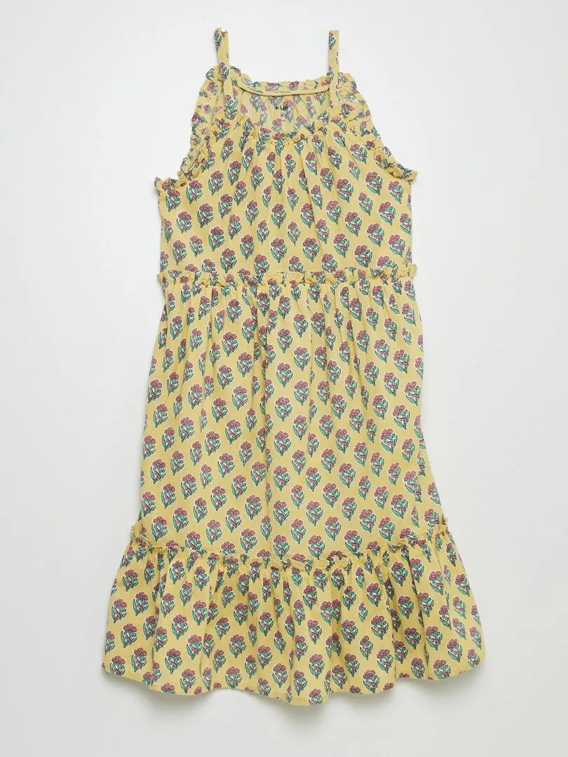 VESTIDO COROLA CON ESTAMPADO Y VOLANTES EN EL BAJO  AMARILLO
