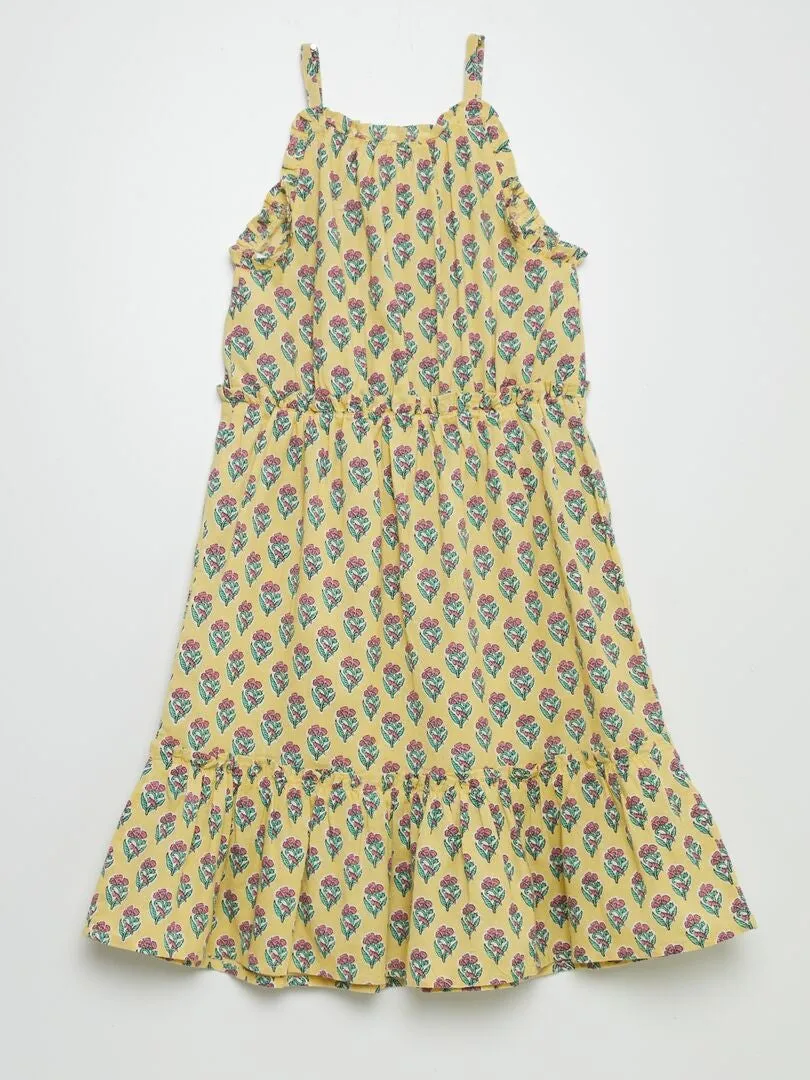 VESTIDO COROLA CON ESTAMPADO Y VOLANTES EN EL BAJO  AMARILLO