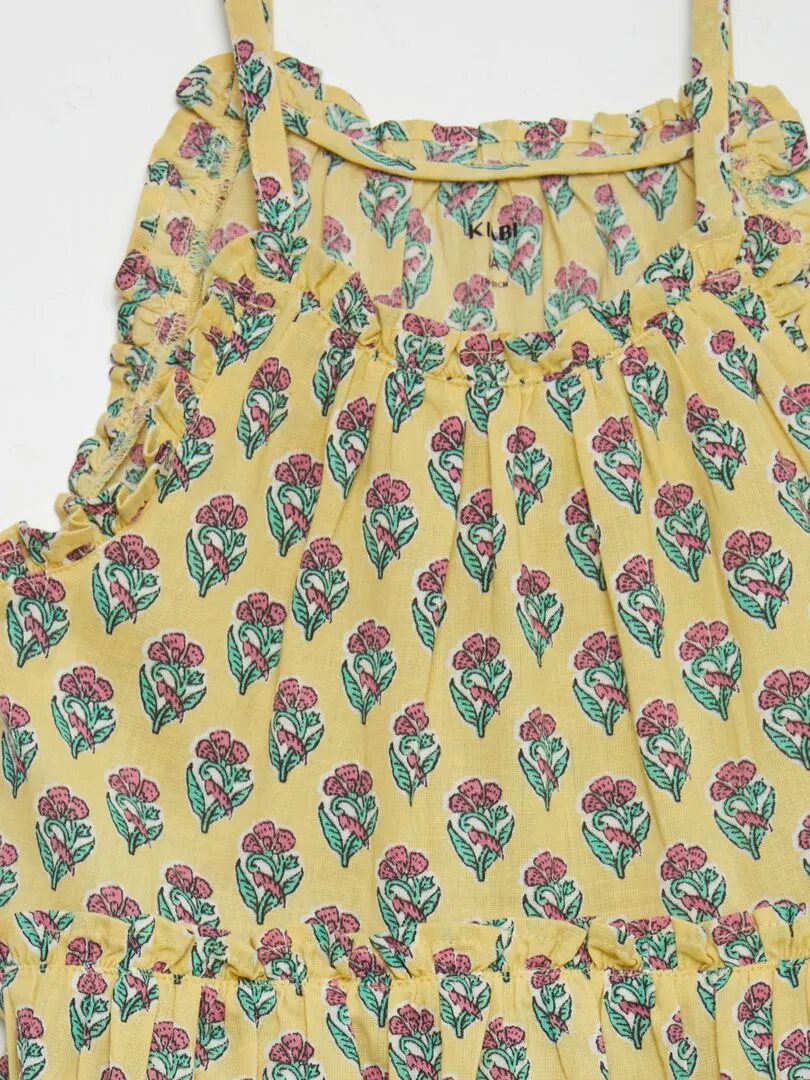 VESTIDO COROLA CON ESTAMPADO Y VOLANTES EN EL BAJO  AMARILLO