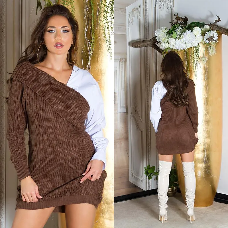 Vestido de punto grueso bicolor marrón 