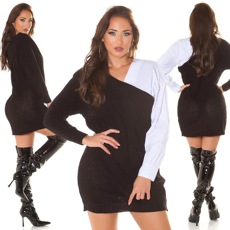 Vestido de punto grueso bicolor negro