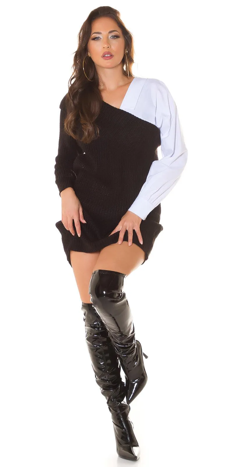 Vestido de punto grueso bicolor negro