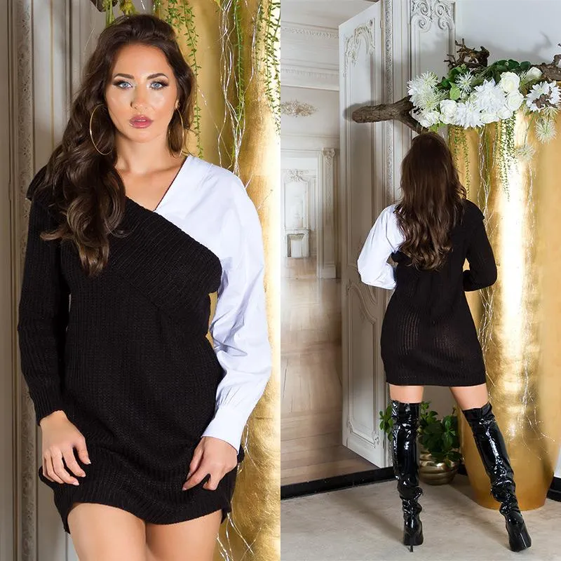 Vestido de punto grueso bicolor negro