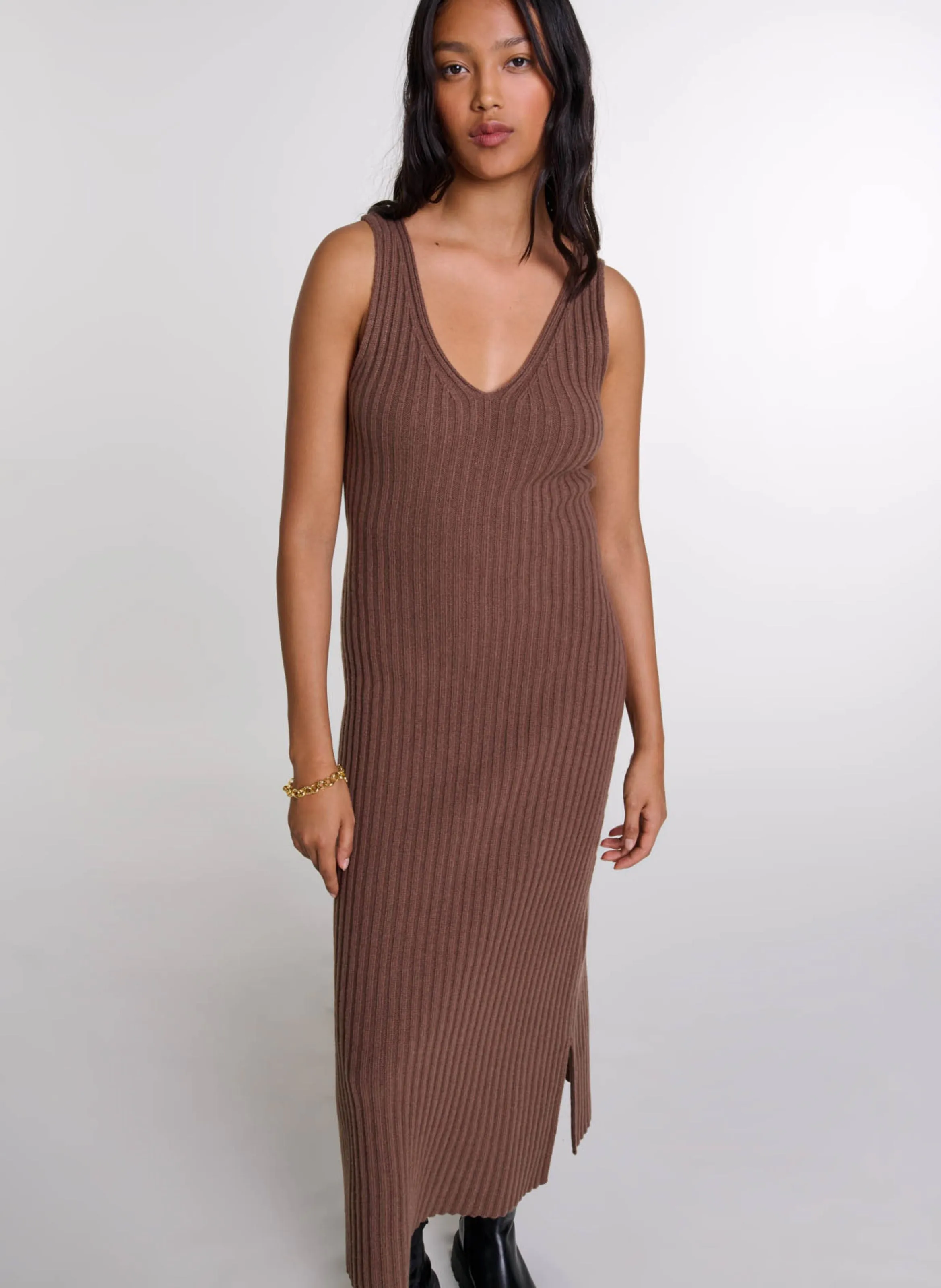 Vestido largo dos en uno de lana en marron