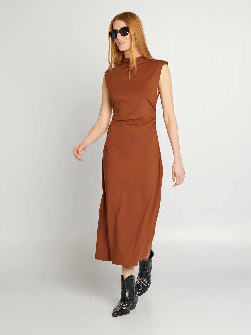 VESTIDO LARGO DRAPEADO DELANTERO  MARRON