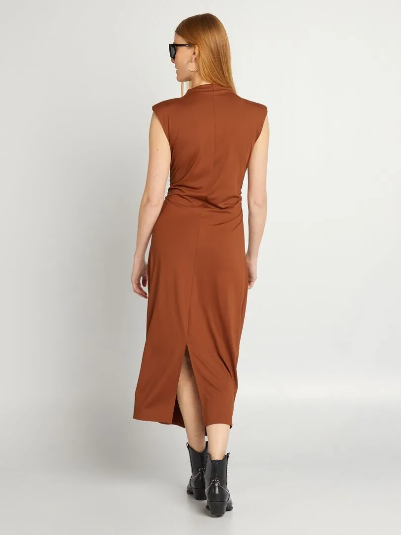 VESTIDO LARGO DRAPEADO DELANTERO  MARRON
