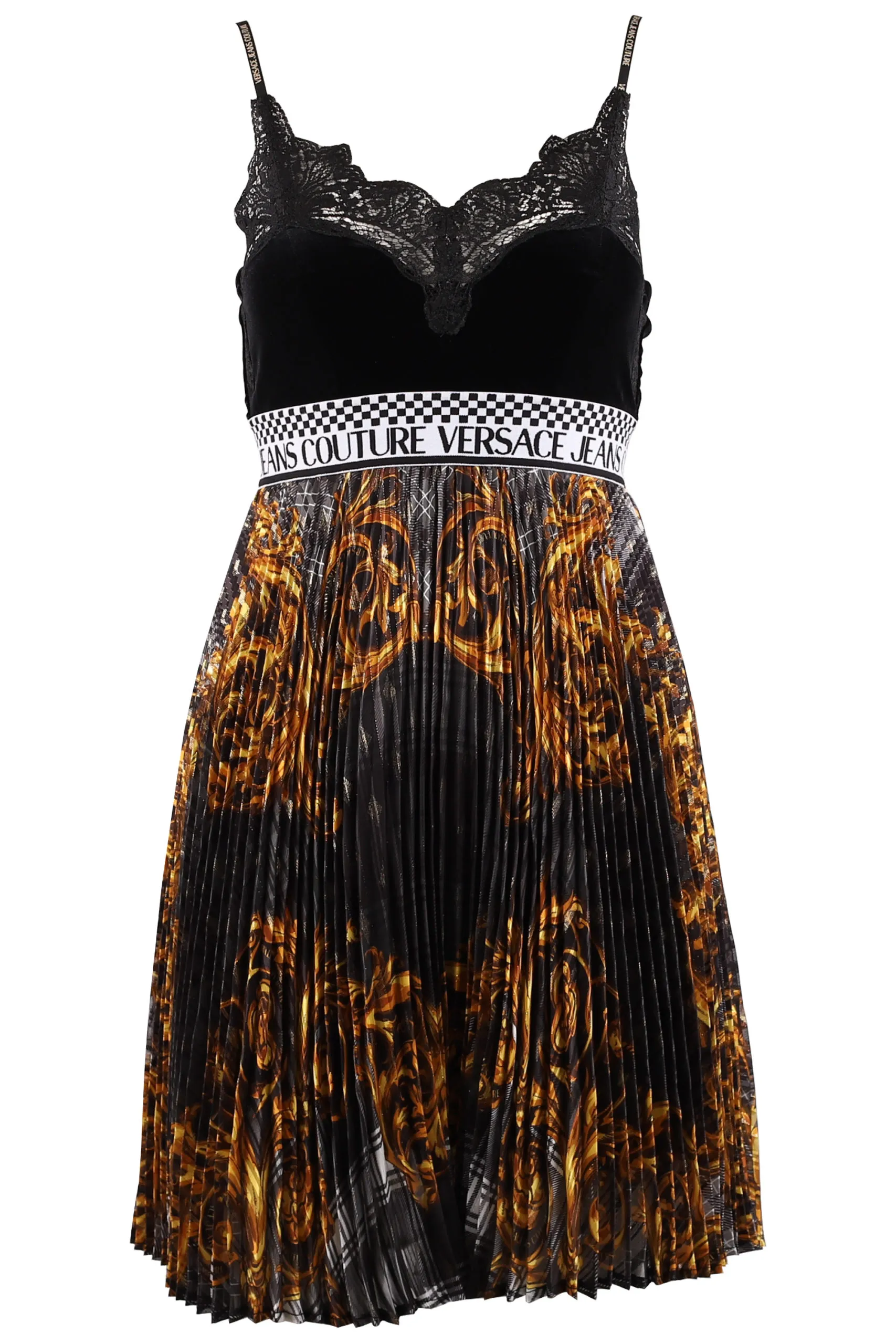 Vestido negro con estampado barroco dorado